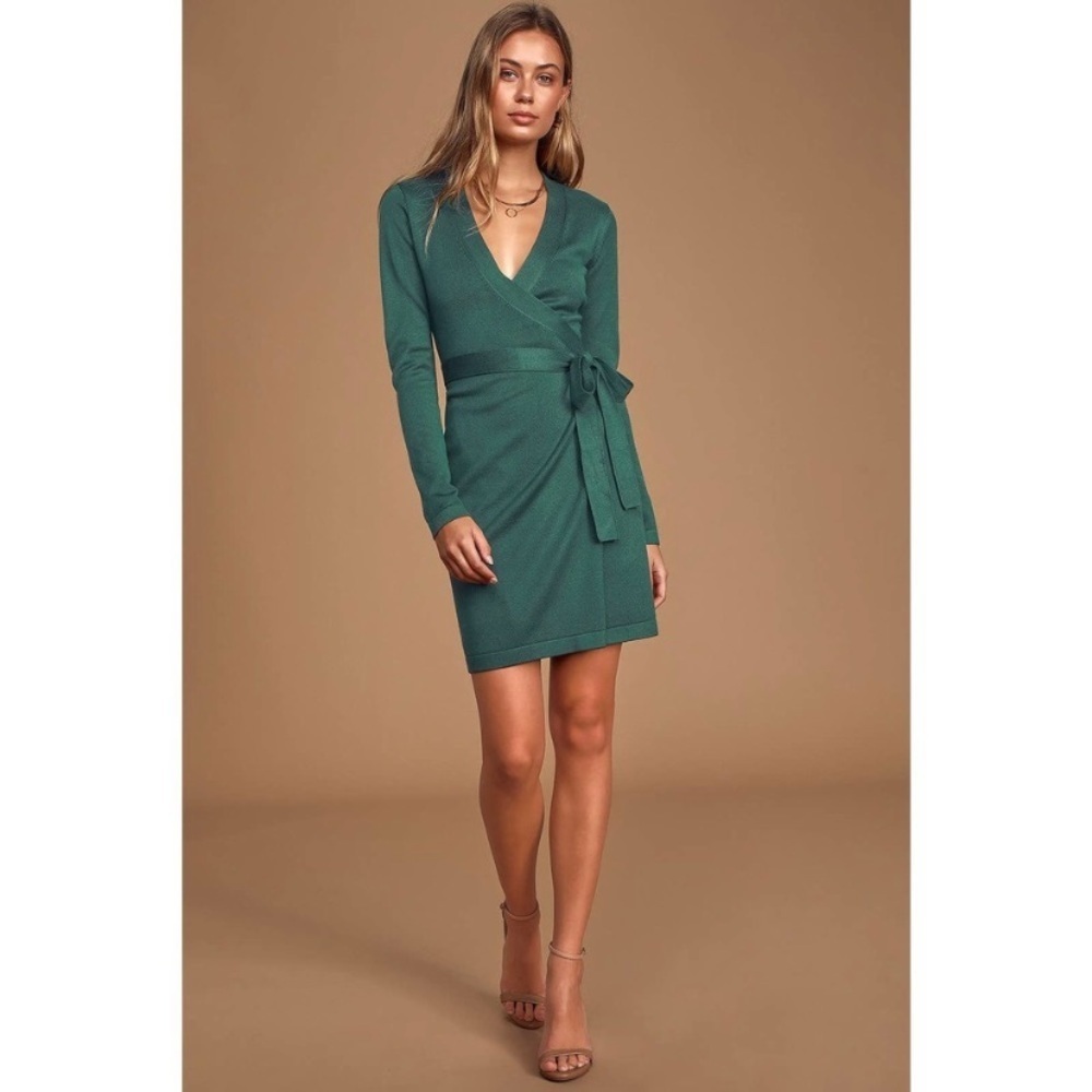 Lulu’s Literary Lover Sweater Wrap Dress Forest Green